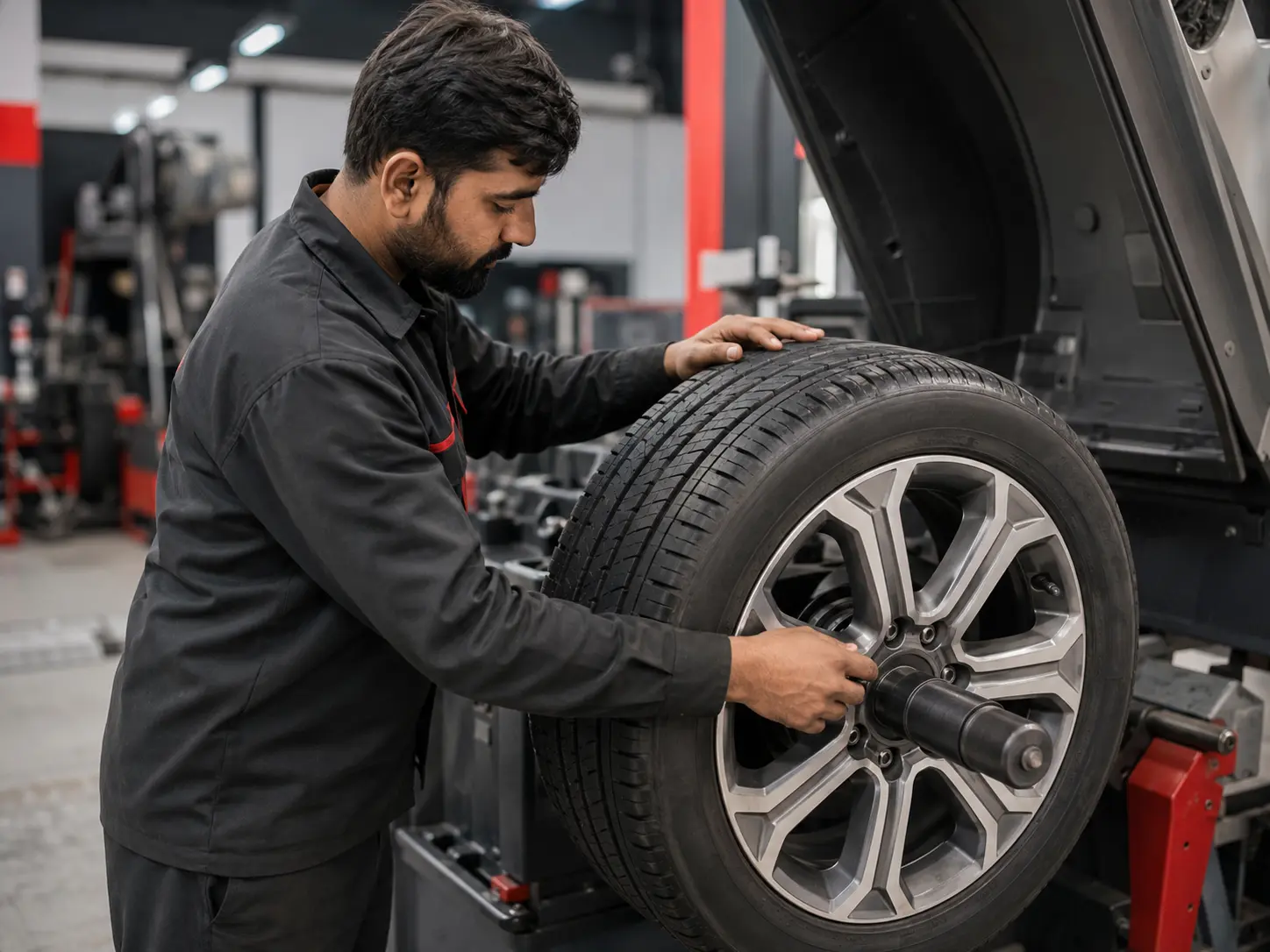 Technician carefully balancing a car wheel