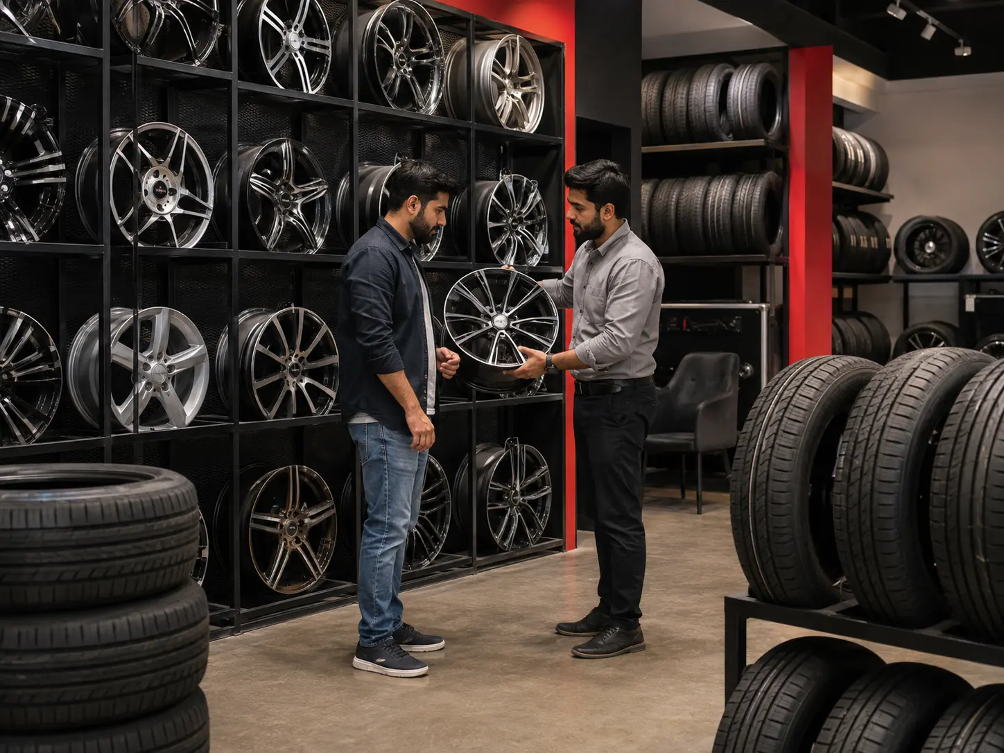 Customer viewing alloy wheel options in a showroom